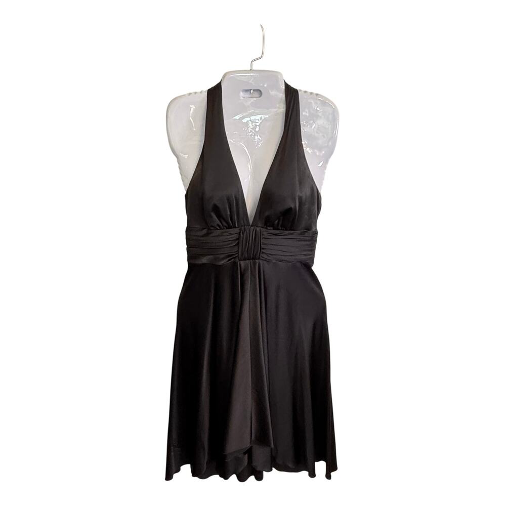 Trina Turk Silk Plunge Halter Neck Black Satin Cocktail Dress Small